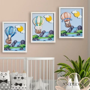 Nn Decor Balon Macerası 3'Lü Set | 3 Boyutlu, Çerçeveli, Ahşap, Çocuk Odası Tablo Seti | Baskı Ve El Boyaması
