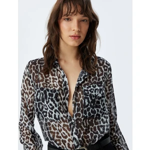 Leopar Şifon Gömlek Uzun Kollu Cep Detaylı Regular Fit