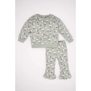 Kız Bebek 2'li Takım Çiçekli Bisiklet Yaka Sweatshirt Beli Lastikli İspanyol Paça Tayt D3694A524AU