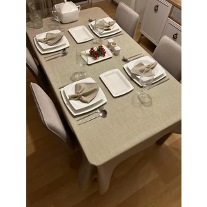 Zeren Home Meral Kurşun Collection Polyester Keten Simli Masa Örtüsü Taş Rengi + 12 Peçete