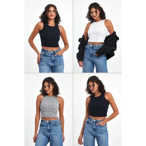 Kadın Siyah-Gri-Beyaz-Lacivert Fitilli Görünümlü Askılı Kalın Esnek Örme 4'lü Basic Crop Atlet Bluz