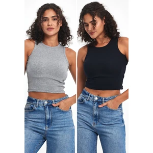 Kadın Gri-Lacivert Fitilli Görünümlü Askılı Kalın Esnek Örme 2'li Basic Crop Atlet Bluz