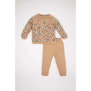 Kız Bebek 2'li Takım Leopar Desenli Triko Kazak Üat Beli Lastikli Triko Alt C9764A524WN