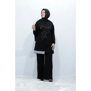 Zey&Ka Butik Büyük Beden Inci Işlemeli Iki Iplik Pamuklu Tunik Pantolon Ikili Takım