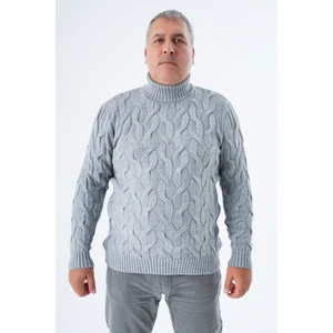 Büyük Beden Erkek Gri Balıkçı Yaka Pirinç Saç Örgülü Yün Triko Örme Kazak TRIST-2118
