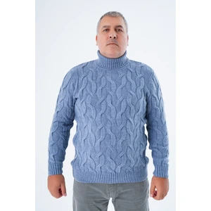 Büyük Beden Erkek Indigo Balıkçı Yaka Pirinç Saç Örgülü Yün Triko Örme Kazak TRIST-2118