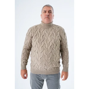 Büyük Beden Erkek Vizon Balıkçı Yaka Pirinç Saç Örgülü Yün Triko Örme Kazak TRIST-2118