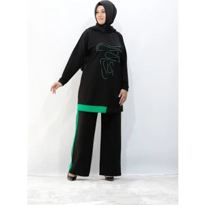 Zey&Ka Butik Büyük Beden Inci Işlemeli Iki Iplik Pamuklu Tunik Pantolon Ikili Takım