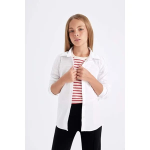 Kız Çocuk Slim Fit Dar Kesim Bengalin Uzun Kollu Basic Düz Beyaz Okul Gömleği K9023A624AU