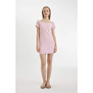Coool Bodycon Vücuda Oturan Kayık Yaka Basic Düz Fitilli Kaşkorse Kısa Kollu Mini Elbise A7362AX24SM