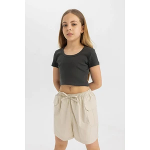 Kız Çocuk Slim Fit Dar Kesim Bisiklet Yaka Basic Düz Fitilli Kaşkorse Kısa Kollu Tişört C4510A824SM
