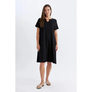Regular Fit Apaş Yaka Basic Düz Bürümcük Kısa Kollu Midi Elbise D3834AX24SM