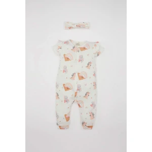 Kız Bebek Yenidoğan 2'li Takım Dinazor Baskılı Kısa Kollu Waffle Tulum Bandana C9484A524SM