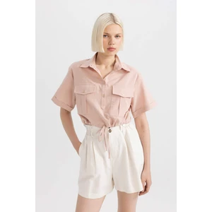 Cropped Fit Gömlek Yaka Keten Karışımlı Kısa Kollu Bluz C6812AX24SM