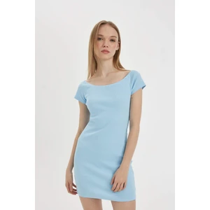 Coool Bodycon Vücuda Oturan Kayık Yaka Basic Düz Fitilli Kaşkorse Kısa Kollu Mini Elbise A7362AX24SM