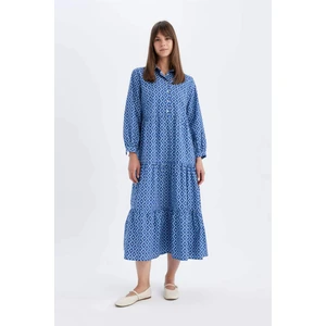 Relax Fit Gömlek Yaka Desenli Poplin Uzun Kollu Maxi Elbise D0569AX24HS