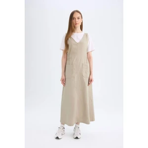 Regular Fit V Yaka Yan Büzgü Detaylı Basic Düz Gabardin Kolsuz Maxi Elbise C9684AX24AU