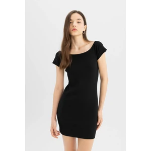 Coool Bodycon Vücuda Oturan Kayık Yaka Basic Düz Fitilli Kaşkorse Kısa Kollu Mini Elbise A7362AX24SM