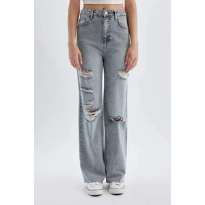 90's Wide Leg Yırtık Detaylı Yüksek Bel Uzun Jean Yıkamalı Pantolon C8606AX24HS