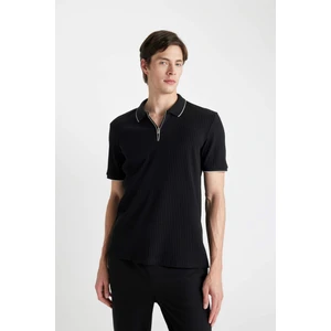 Slim Fit Dar Kesim Kısa Kollu Fitilli Kaşkorse Yarım Fermuarlı Siyah Polo Tişört D3948AX24SM