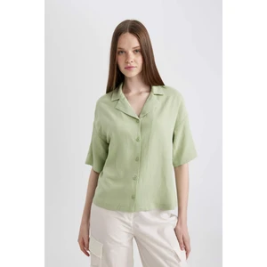 Oversize Geniş Kalıp Pijama Yaka Keten Karışımlı Kısa Kollu Gömlek