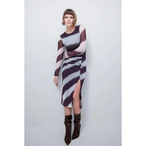 Bodycon Yuvarlak Yaka Mesh Midi Uzun Kollu Elbise B4168AX23AU