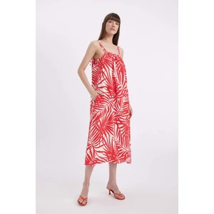 Gömlek Yaka Desenli Keten Karışımlı Askılı Midi Elbise