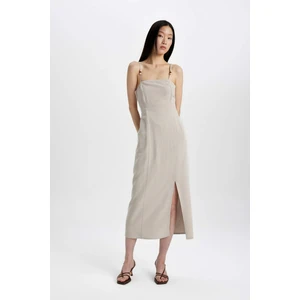 Yırtmaçlı Fit Kare Yaka Yırtmaçlı Keten Askılı Elbise C6130AX24SM