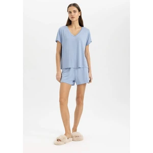 Pijama Takımı V Yaka Kısa Kollu Üst Beli Lastikli Şort Altı-Fall in Love B8678AX24SM