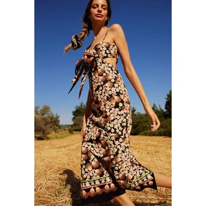 Lug Von Siga x DeFacto Bodycon Desenli Askılı Poplin Midi Elbise