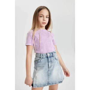 Kız Çocuk Slim Fit Dar Kesim Bisiklet Yaka Fitilli Kaşkorse Kısa Kollu Tişört C3187A824SM