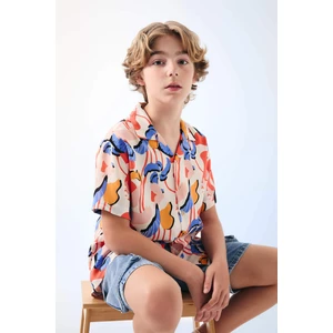 Erkek Çocuk Oversize Geniş Kalıp Polo Yaka Desenli Viskon Kısa Kollu Gömlek C3078A824SM