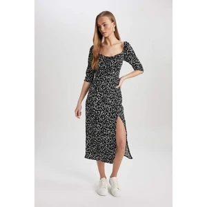 Bodycon Vücudu Saran Kare Yaka Çiçek Desenli Bürümcük Yarım Kol Midi Elbise Z5262AZ24SP