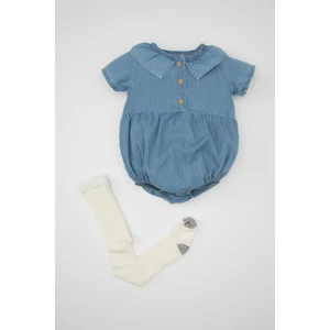 Kız Bebek Yeni Doğan 2'li Takım Kısa Kollu Yumuşak Jean Tulum Külotlu Çorap C2669A524SM