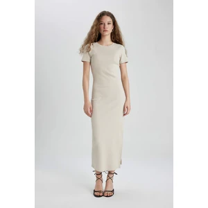 Bodycon Vücudu Saran Bisiklet Yaka Fitilli Kaşkorse Kısa Kollu Maxi Elbise C1509AX24SP