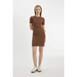 Coool Bodycon Vücudu Saran Bisiklet Yaka Fitilli Kaşkorse Kısa Kollu Mini Elbise C1503AX24SP