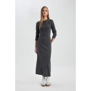 Bodycon Bisiklet Yaka Fitilli Kaşkorse Maxi Uzun Kollu Yıkamalı Soluk Efektli Elbise C1652AX24SP