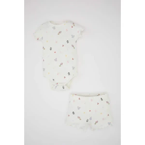 Kız Bebek 2'li Takım Desenli Fitilli Kaşkorse Kısa Kollu Çıtçıtlı Body Şort C2550A524SM