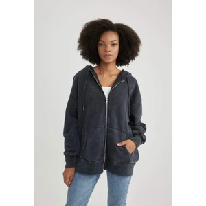 Oversize Fit Kapüşonlu Kalın Kumaş Yıkamalı Soluk Efektli Fermuarlı Sweatshirt B8289AX23WN