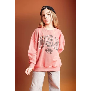 Kız Çocuk Oversize Geniş Kalıp Bisiklet Yaka Baskılı Sweatshirt C0571A824SP