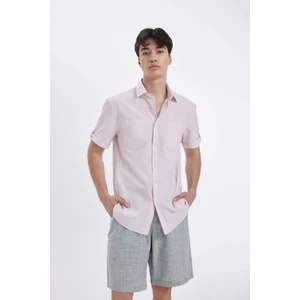 %100 Pamuk Slim Fit Dar Kesim Yazlık Polo Yaka Keten Görünümlü Kısa Kollu Gömlek N9073AZ24SM