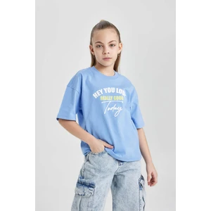 Kız Çocuk Oversize Geniş Kalıp Bisiklet Yaka Baskılı Kısa Kollu Tişört B5129A824SM