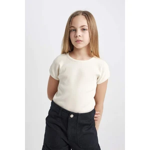 Kız Çocuk Slim Fit Dar Kesim Bisiklet Yaka Basic Düz Fitilli Kaşkorse Kısa Kollu Tişört B3053A824SM