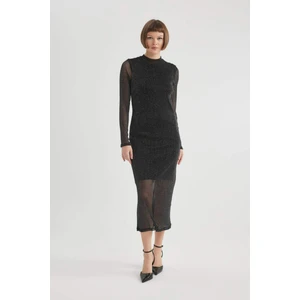 Bodycon Vücudu Saran Basic Düz Yarım Balıkçı Yaka Uzun Kollu Tül Midi Elbise B6668AX23WN