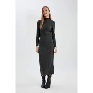 Bodycon Vücudu Saran Basic Düz Yarım Balıkçı Yaka Kalın Kaşkorse Uzun Kollu Maxi Elbise B8602AX23WN