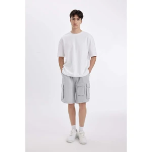 Relax Fit Beli Lastikli Bağcıklı Basic Düz Kargo Bermuda Şort C5591AX24HS