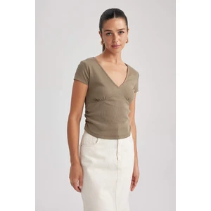 Slim Fit Dar Kesim V Yaka Fitilli Kaşkorse Kısa Kollu Tişört B2022AX23HS