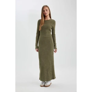 Bodycon Bisiklet Yaka Fitilli Kaşkorse Uzun Kollu Maxi Elbise C1652AX24SP