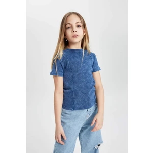 Kız Çocuk Slim Fit Dar Kesim Bisiklet Yaka Fitilli Kaşkorse Kısa Kollu Tişört C3187A824SM