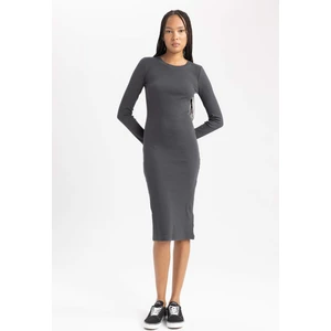 Bodycon Bisiklet Yaka Fitilli Kaşkorse Midi Uzun Kollu Elbise B2465AX23AU